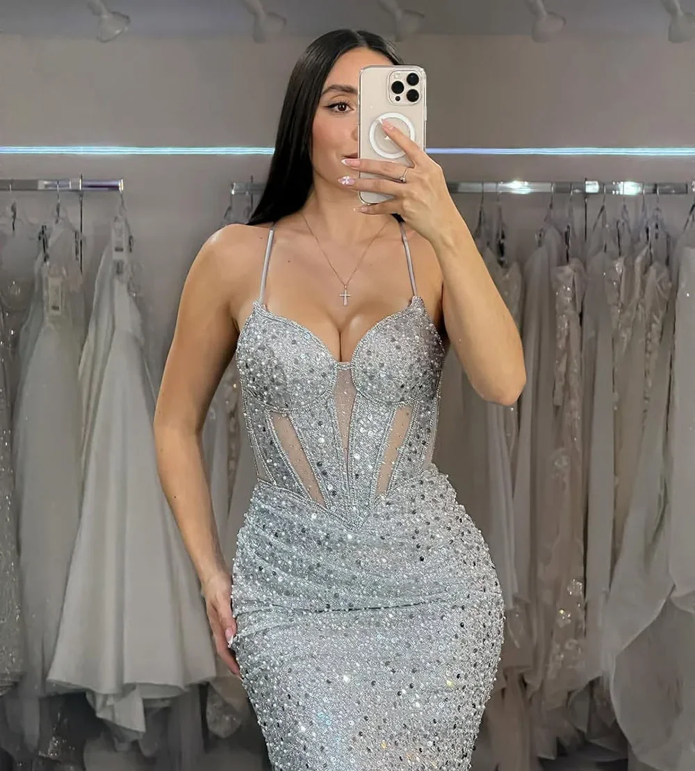 

Customized Sparkly Mermaid Party Gown 2025 Spaghetti Straps Corset Evening Dress Sexy Prom Dress Beaded Formal Gown