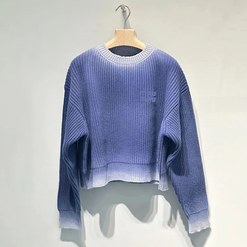 

High-End Knitted Sweater Women's round Ne Embroidered Letter adient Color Knitwear Top Korean Sle Loose Fit Long Sve