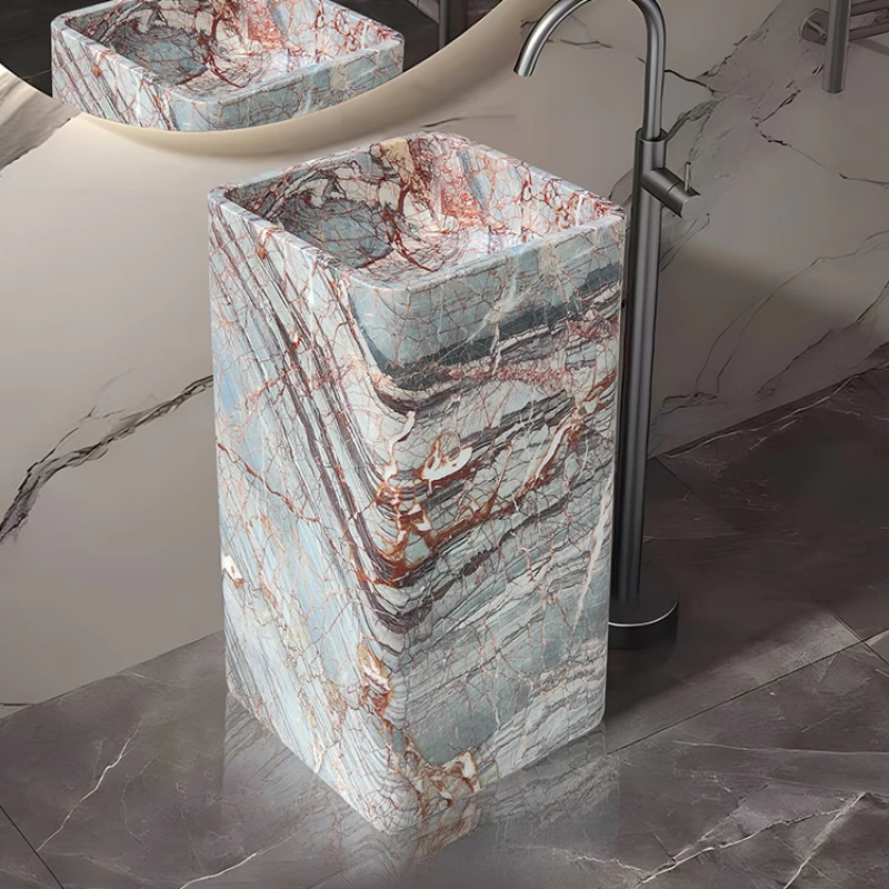 

Natural marble washbasin, home and hotel light luxury square column basin, integrated floor standing bathroom washbasin