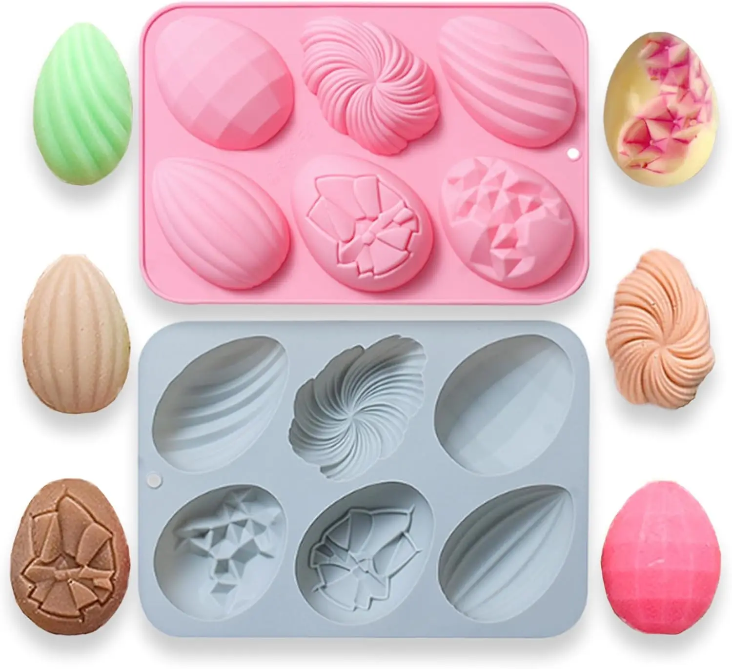

Easter Egg Silicone Molds 6 Cavity Semi Egg Non Stick Silicone Molds 6 Styles for Making Jelly, Chocolates, Cake, Hot Chocolate