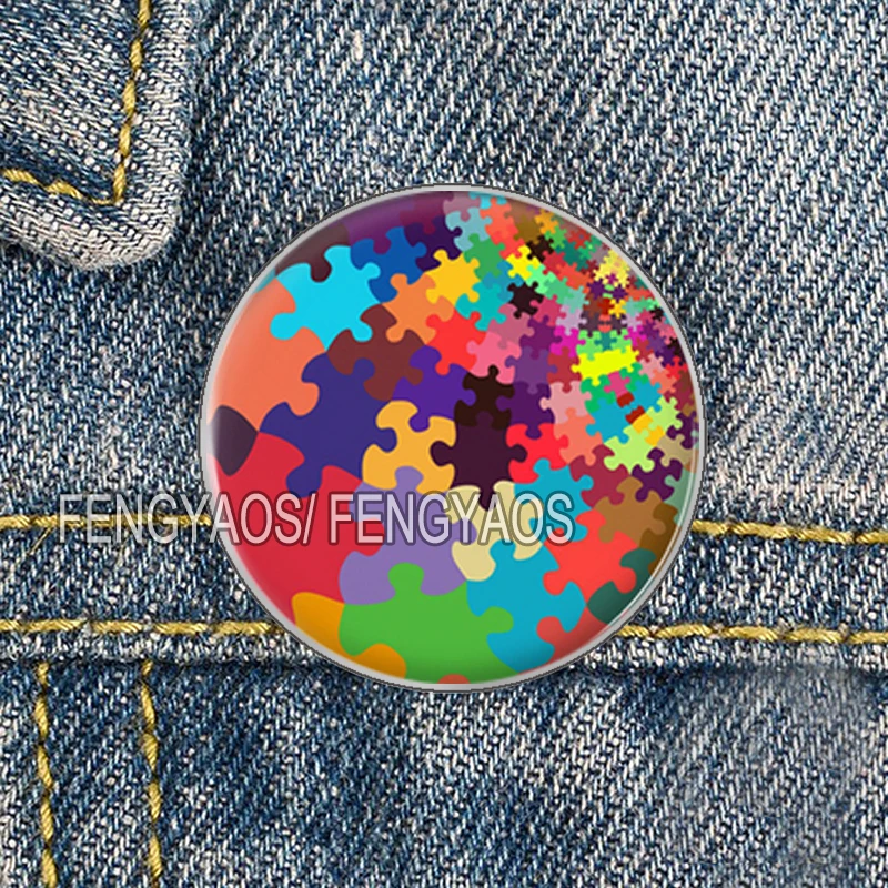 Stainless Steel Autism Awareness Badge Autistic Symbol Brooch Fashion Backpack Decoration Pins Round Jewelry Women Gift