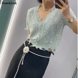 Giacche con paillettes da donna progettate con bordo grezzo monopetto vintage estivo scollo a V semplice streetwear moda stile coreano freddo