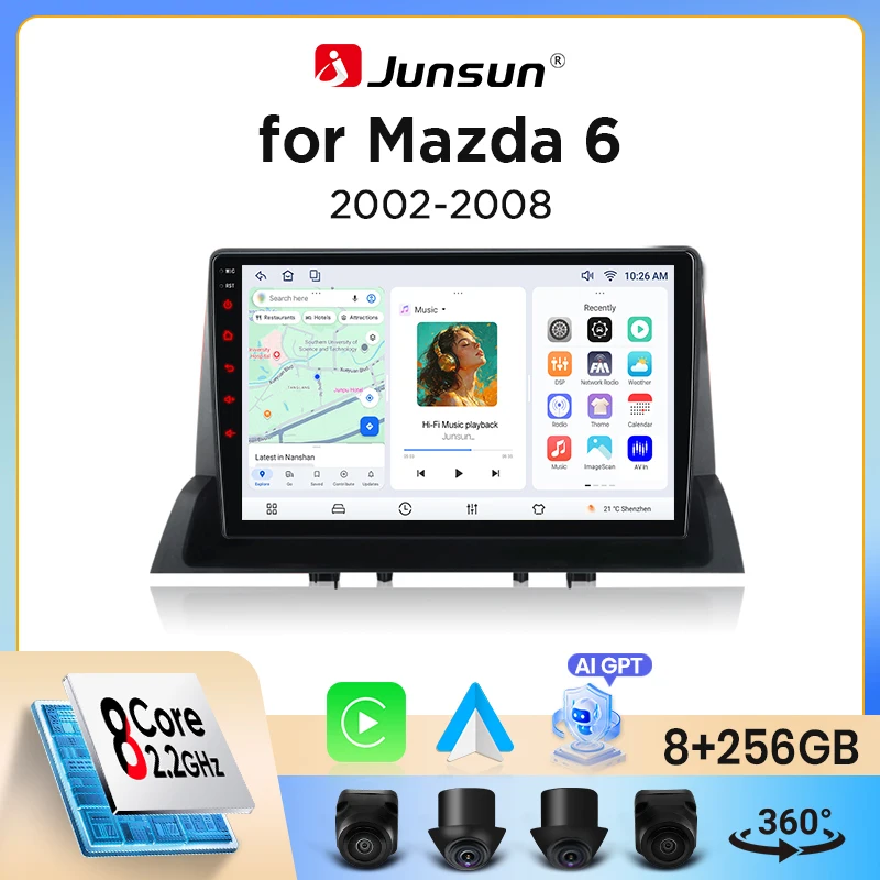 Junsun Wireless CarPlay Android Auto Autoradio für Mazda 6 Mk1 (GG/GY) 2002-2008 mit integriertem Lüfter, Android GPS-Navigation, Multimedia-Player, WiFi, DSP, RDS, BT, SWC, IPS-Touchscreen,