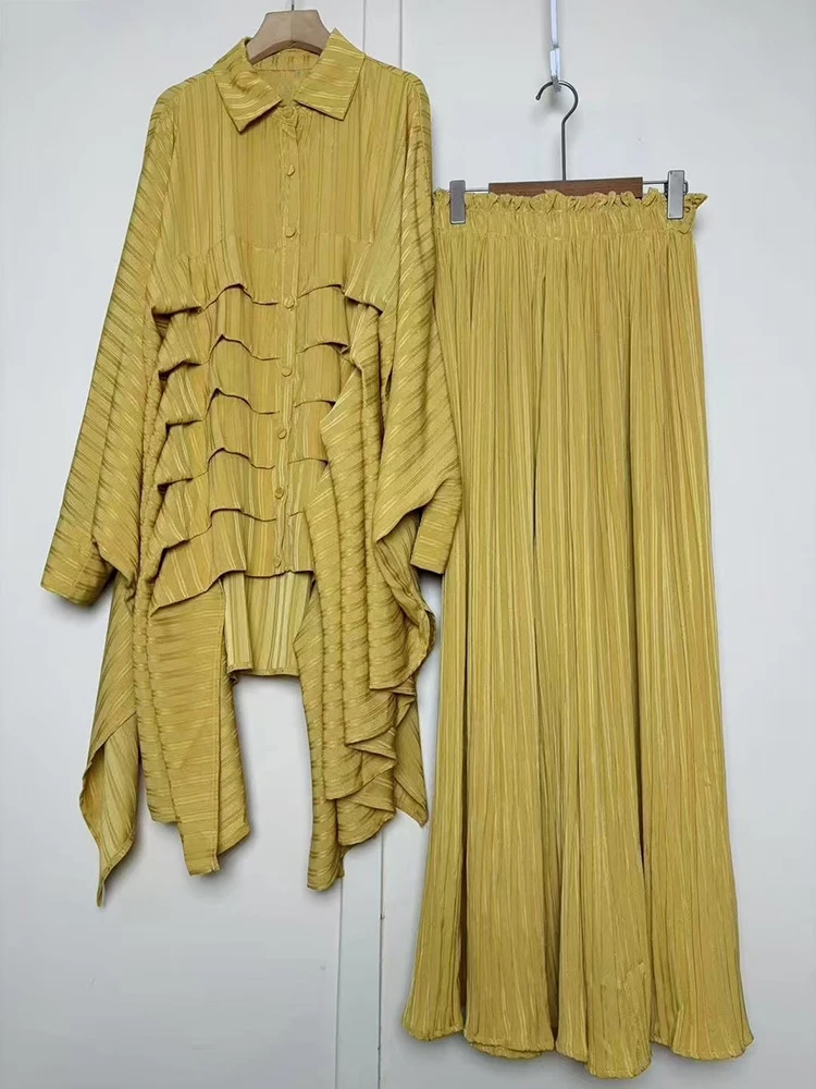 2022 lente dames retro geometrische print multi-level draping los onregelmatig shirt tweedelige set + wijde pijpen broek modeset