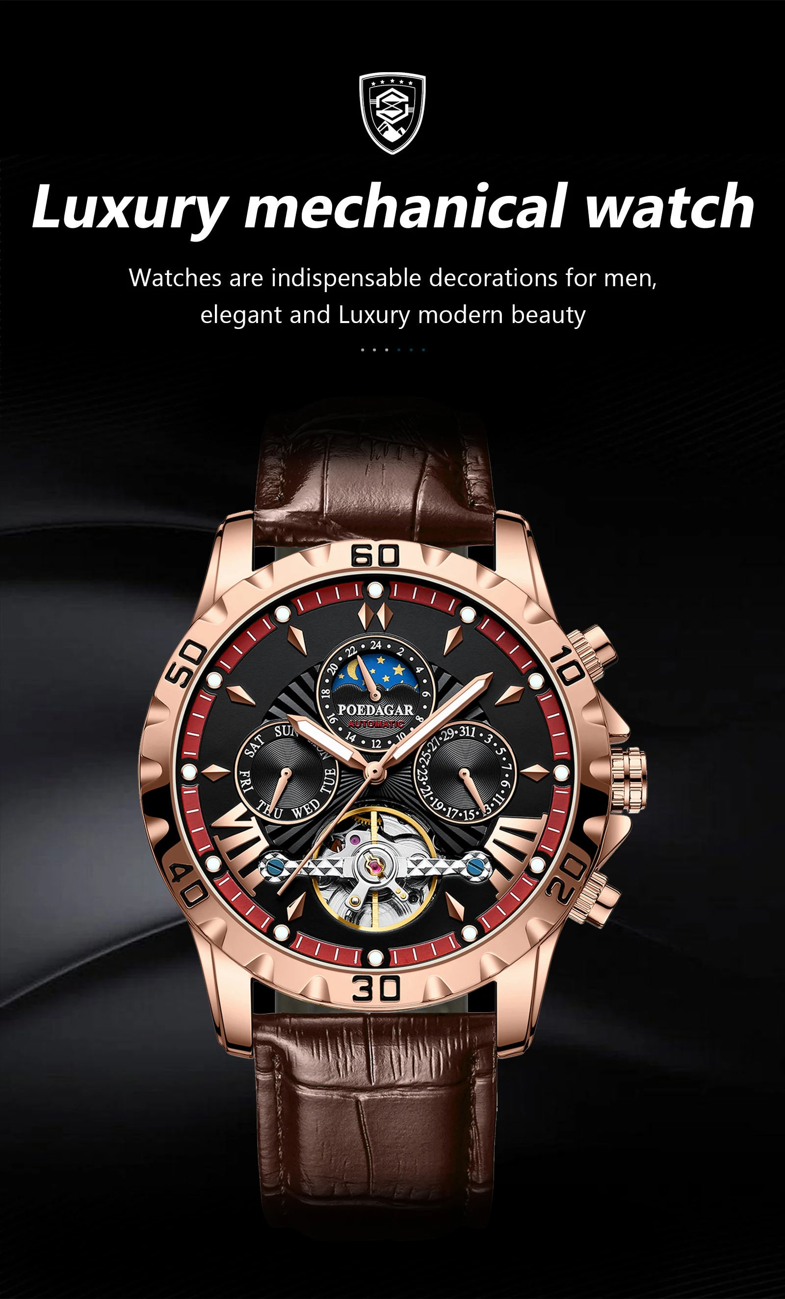 POEDAGAR Luxury Automatic Mechanical Men Watch Hollow Tourbillon Waterproof Luminous Male Clock Week Date Business Men's Watches