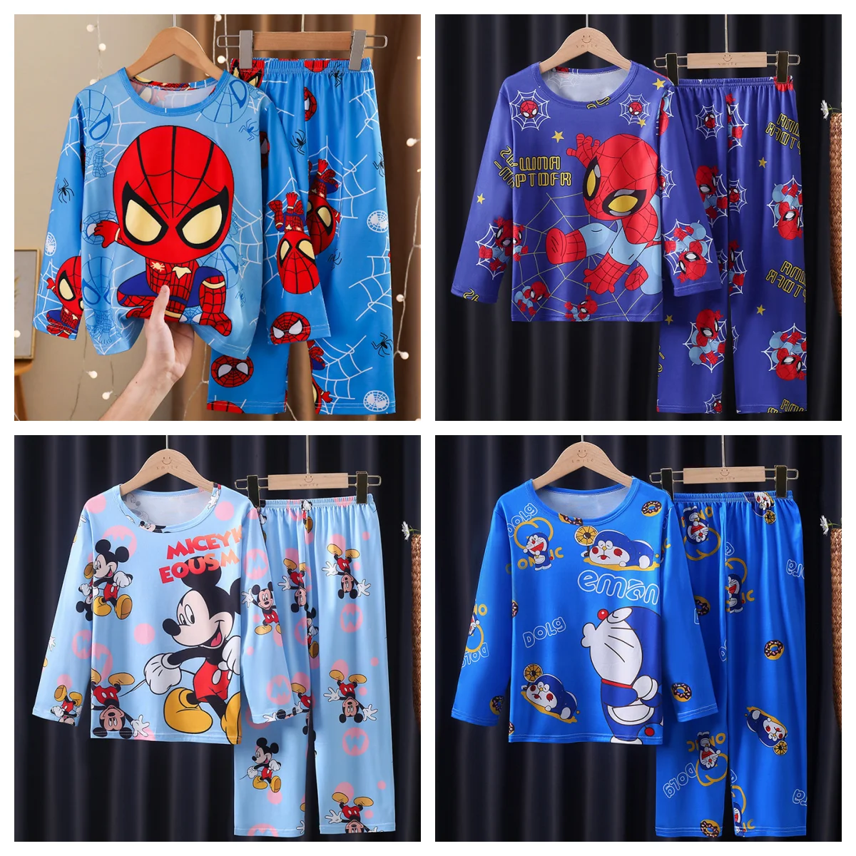 Hot Cartoon Spring Autumn Kid's Sleepwear Pajamas Clothing Sets Mickey Spider Doraemon Baby Boy Cotton Pyjamas For Kid's Gift