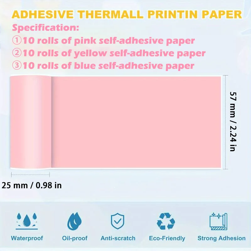 10 rolls Portable Pocket Printer 57mm Color Adhesive Thermal Printing Paper Set - Print Anywhere Anytime Study Notes Work Photos