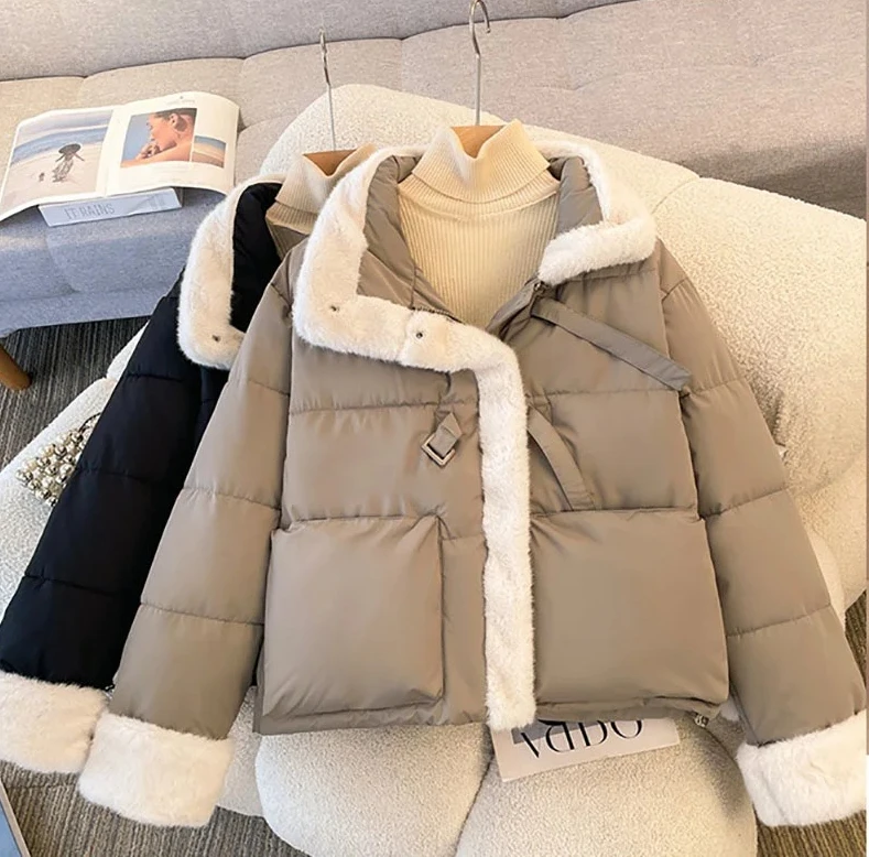 

Women Splicing Lamb Wool Stand Collar Warm Cotton Female Winter Coat Thicke Bread Cotton Padded Coat