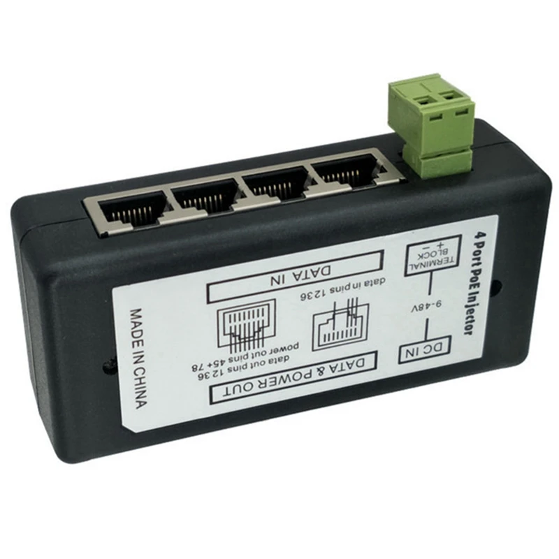 Adaptador de corriente POE de plástico para cámaras IP de vigilancia CCTV, inyector negro de 4 puertos, alimentación sobre adaptador Ethernet, 1 unidad