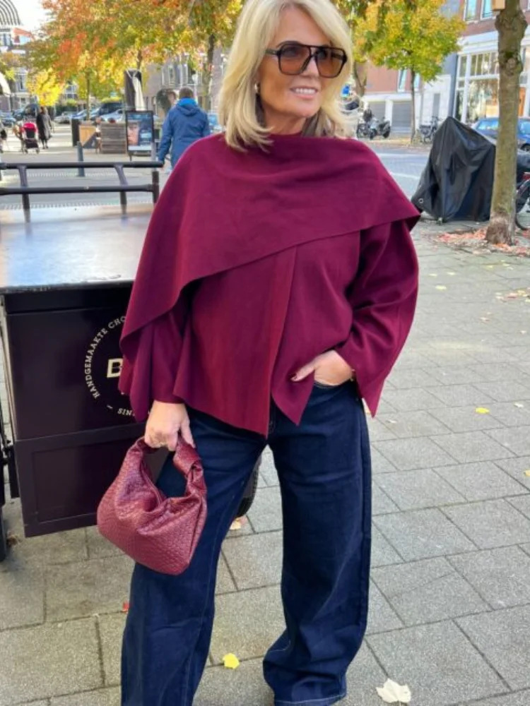 Vrouwen elegante bordeaux sjaalkraag gebreide trui mode effen lange mouwen losse trui herfst chique vrouwelijke warme outwears