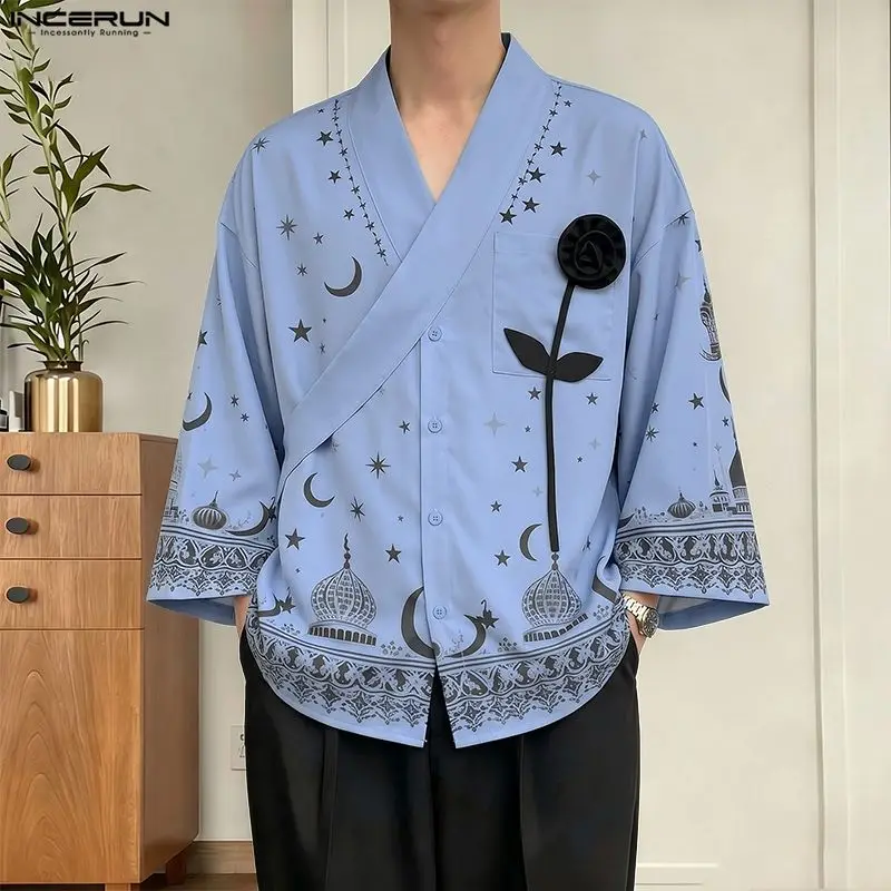 Men's Shirt Printing Flower Patchwork V Neck Long Sleeve Men Clothes INCERUN Streetwear Oversize Harajuku Casual Tops For Man