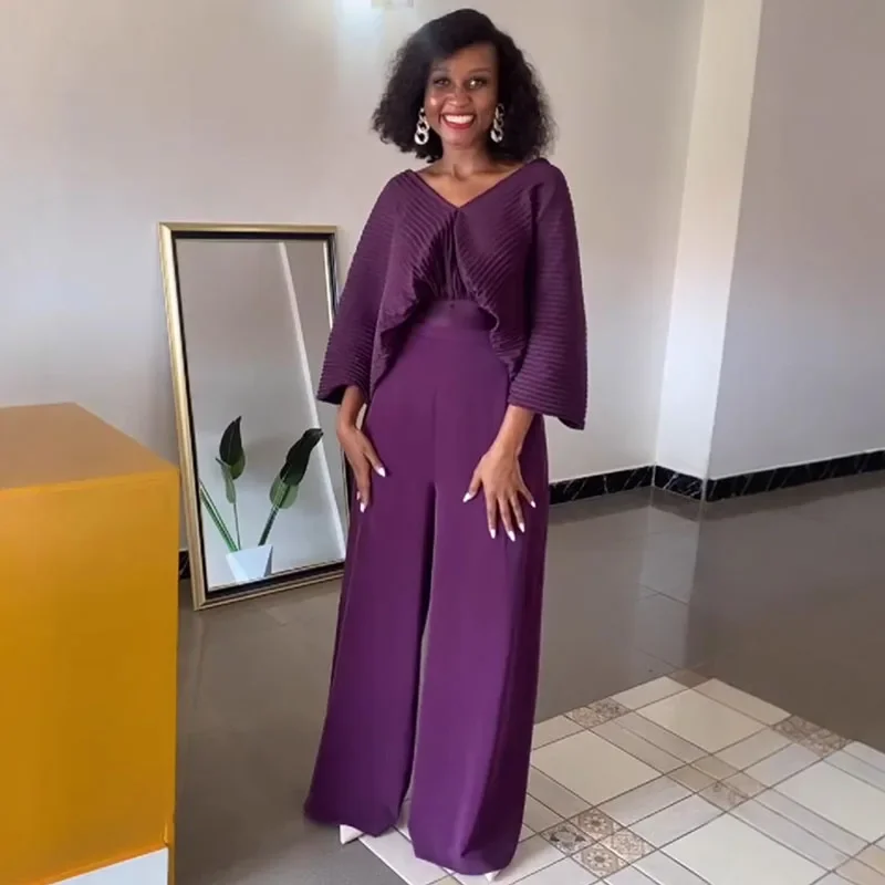 Solid Elegant Night Party Club Birhtday Outfit Women 2 Piece Set Loose Batwing Sleeve Pleat Top and Wide Leg Pants Matching Sets