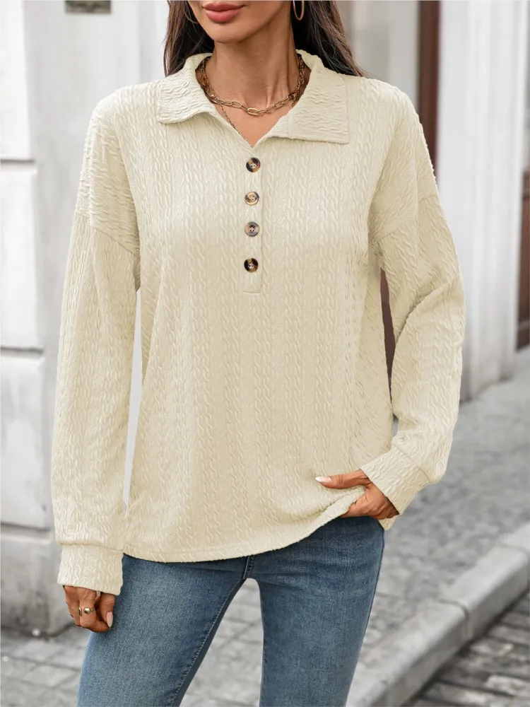 

New Autumn Fashion Women's Turn-Down Collar Long Sleeve Tops Buttoned Top Loose Sweatshirt Solid Color Jacquard Lapel Pullover