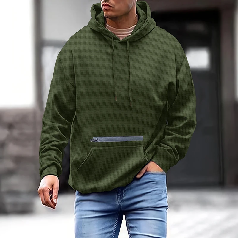 Men's spring and autumn burst American retro casual loose fashion simple solid color multi-pocket pullover hoodie