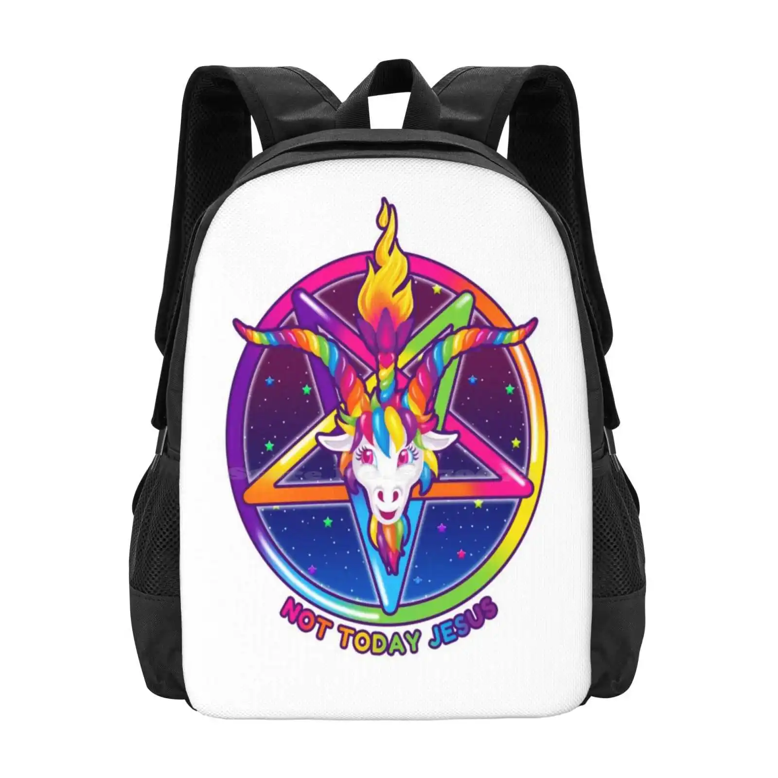 

1997 Rainbow Neon Goat Head Pentagram Not Today Jesus Pattern Design Laptop Travel School Bags Not Today Jesus Satan Pentagram