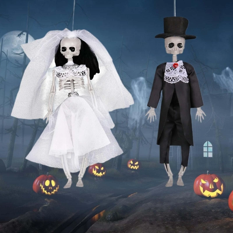 Halloween Hanging Skeleton Couple Poseable Bride Groom Figure Hanging Decors Theme Party Props Festival Hanging Pendant