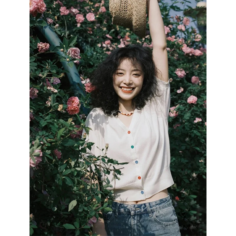 Korean Sle Sweet Personali V-Ne Bubble Sve Knitted Sweater Women Summer Faionable Slimming Thin Ice Silk Open Card...