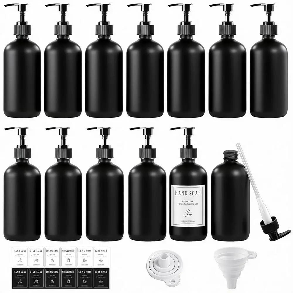 

Набор из 12 черных стеклянных флаконов-дозаторов для мыла объемом 8 унций с помпами, многоразовые стеклянные бутылки для шампуня, кондиционера и лосьона, идеально подходят