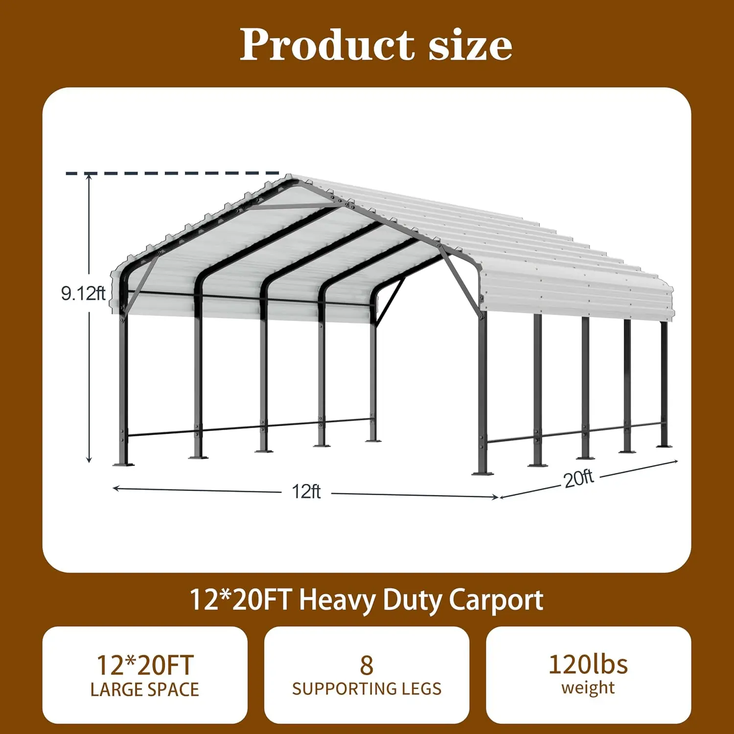 12x20 FT Metal Carport, Heavy Duty Carport Canopy with Enhanced Base, Outdoor Car Shelter with Galvanized Steel, Customized