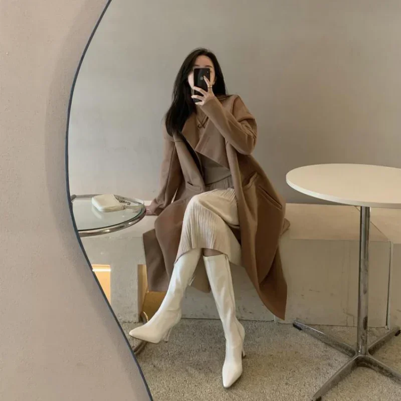 

Женские высокие сапоги, модные женские элегантные длинные сапоги на высоком квадратном каблуке с острым носком, короткие плюшевые женские эластичные сапоги с квадратным носком