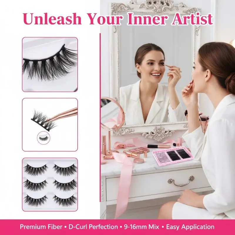 

DIY Eyelash Extension Clusters Kit 9 16mm D Curl Flat Soft Mixed Lashes Self Application for Beginners Home Use