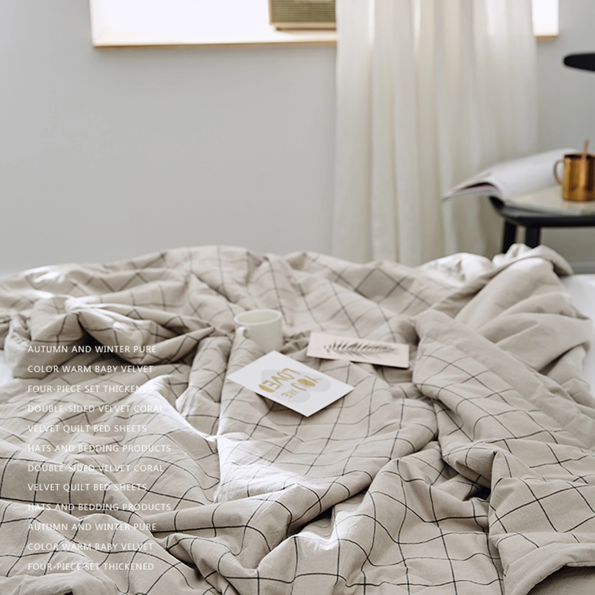 Washable cotton summer quilt,washable and minimalist Nordic style,Khaki medium grid,fit in your school150x200CM bed