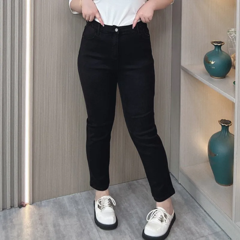 XL Straight Leg Jeans For Women Autumn High Waisted Quality Slimming Slim-fit Embroidery Pants 8206