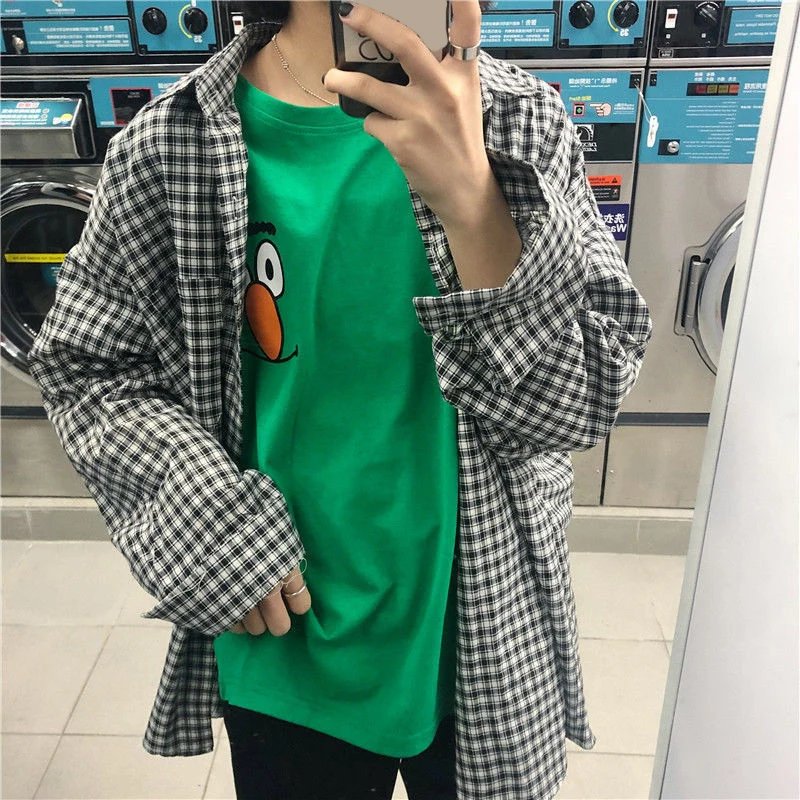 Rimocy Japanese Style Women\'s Plaid Shirt Long Sleeve Lapel Button-Up Loose Blouse Woman Harajuku Streetwear Oversize Shirts