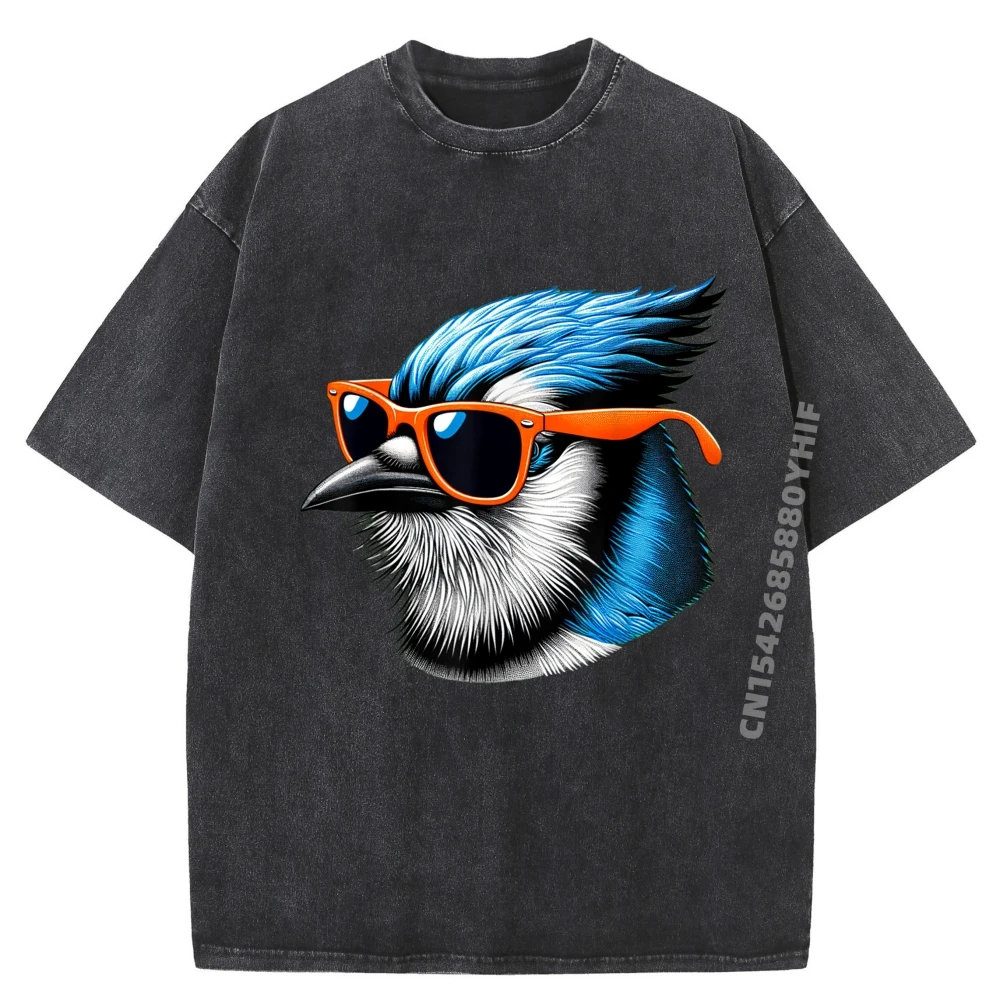 

Latest Washed Shirt Cool Blue Jay Bird Wearing Sunglasses Art Graphic Tees Men Cotton Streetwear Short Sleeve Tee