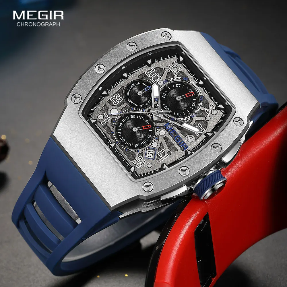 MEGIR 316 Stainless Steel Quartz Watch for Men Fashion Waterproof Luminous Chronograph Wristwatch with Auto Date Silicone Strap