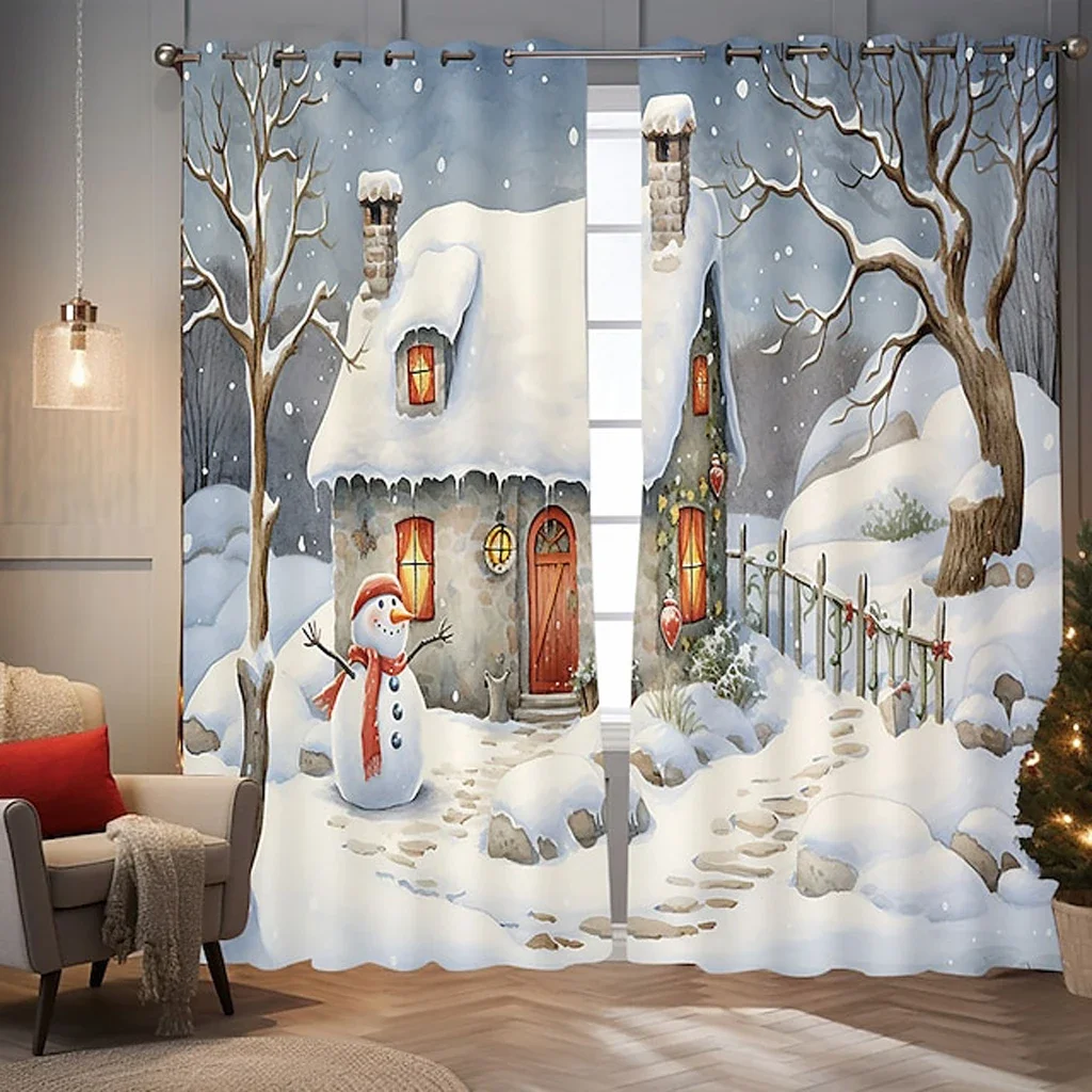 3D New Christmas Snow House Design Cheap 2 Pieces Shading Drapes Window Curtains for Living Room Bedroom Christmas Decor Hook