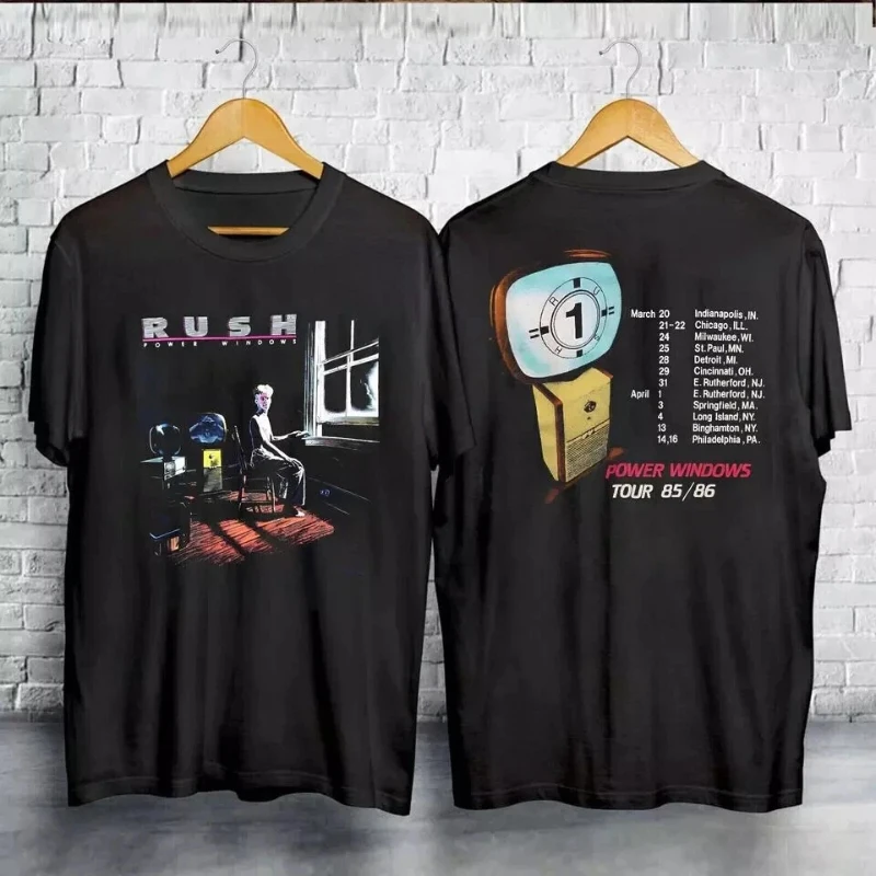 

American Street Rush Power Windows Tour 1985 T-Shirt Black Band Summer New Vintage Fashion Men's and Women's Streetwear