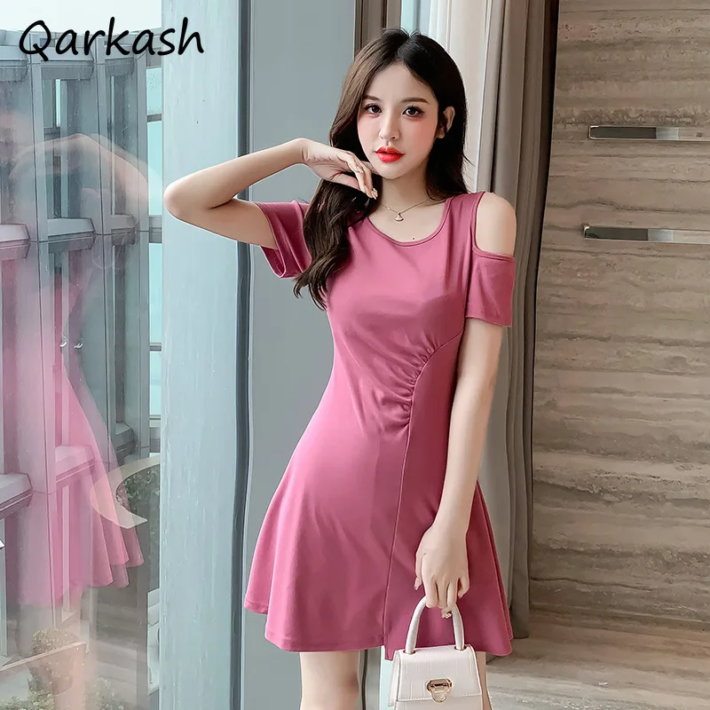 Short Sleeve Mini Dresses Women Off-shoulder Design Simple Defined Waist Slim Korean Style Clothes Solid Office Lady Sexy Basic