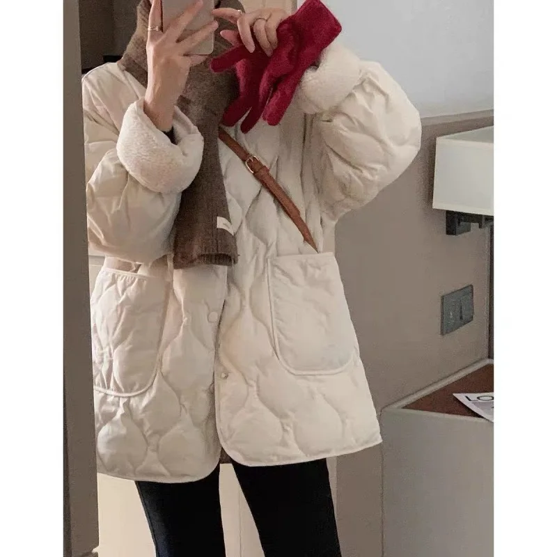 Warm Lamb Fur Splicing Lightweight Diamond Grid Winter Korean Loose Small Fragrance Style Diamond Grid Cotton Jacket Women