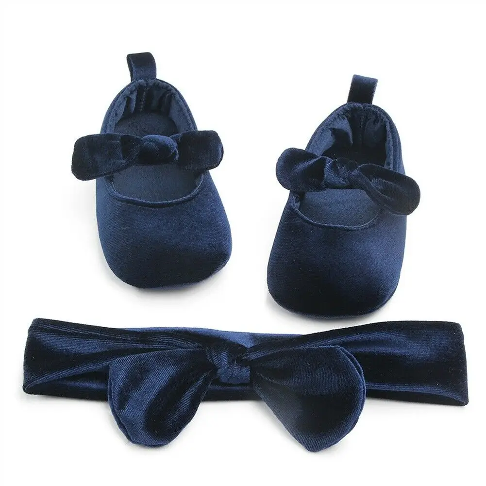 Newborn Infant Cute Baby Girl Bowknot Crib Shoes+Hairband Soft Sole Shoes Prewalker Princess Velvet Bow Birthday Party Shoes