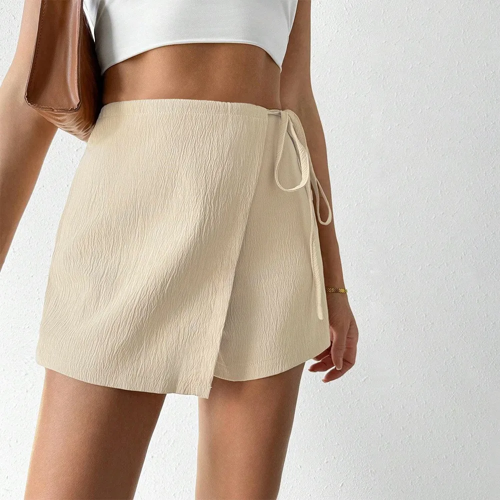 

Summer Clothes For Woman High Waist Beige Wrap Bermuda Shorts Crinkled Fabric Skirt Style Mini Length Solid Color Casual