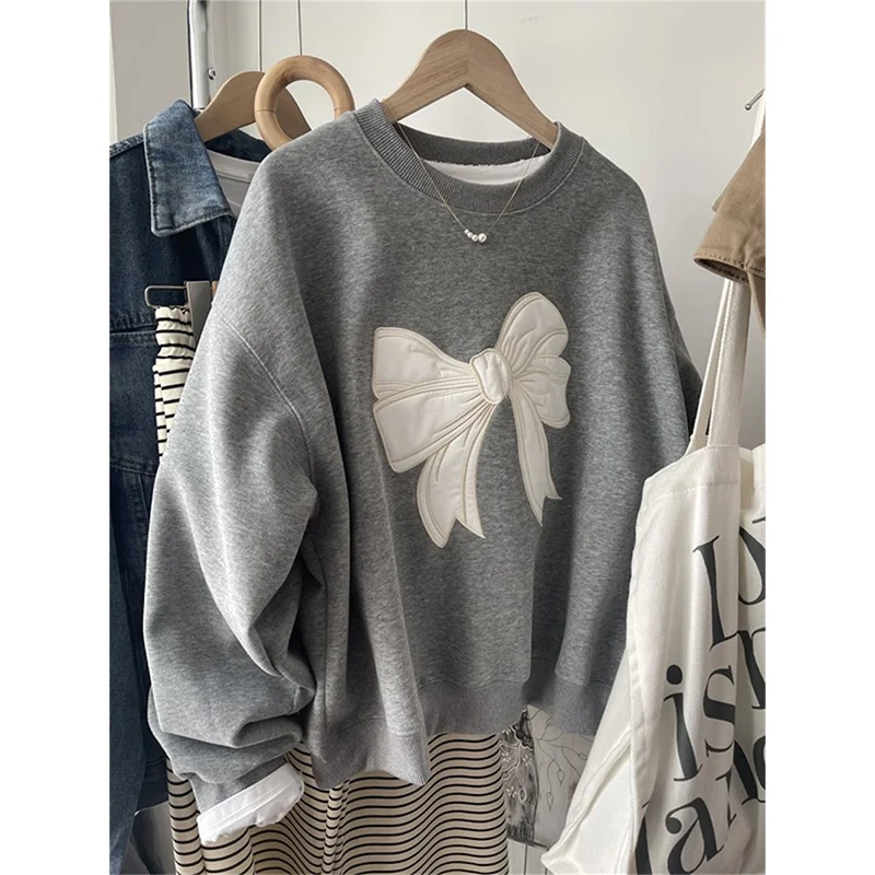 South korea Dongdaemun Heavy Industry Embroidery Bow round Neck Hoodie Women Spring and Autumn Thin Small Loose Short Top