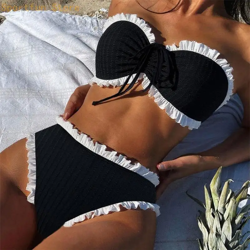 X7JD Women Two Piece Bandeau Swimsuit Includes Low Waist Thong Briefs and Strapless Swim Top Bandeau Swimwears Bathing Suit
