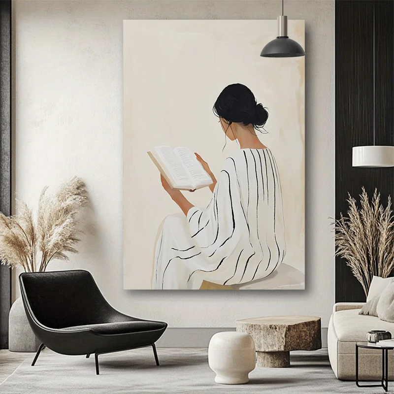 

2D/Flat Modern Minimalist Reading Woman Wall Art Print, Frameless Abstract Beige & Black Literary Wall Art for Living Room Decor