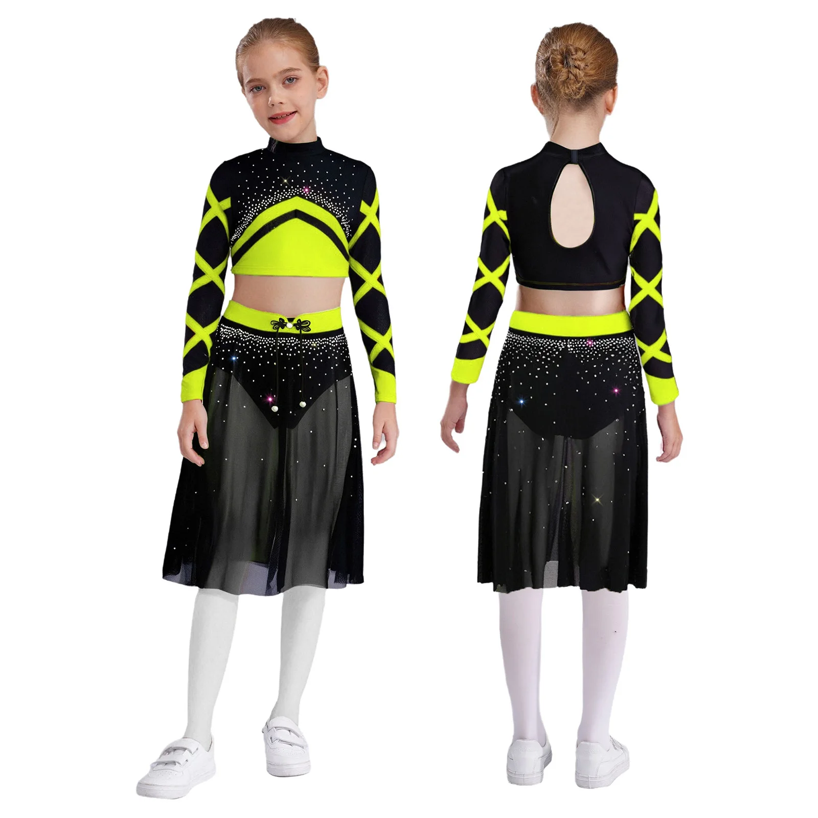 Tenue de danse lyrique moderne pour enfants filles, tenue de gymnastique, patinage artistique, strass brillants, haut court avec jupe en maille fendue sur le côté, vêtements de danse