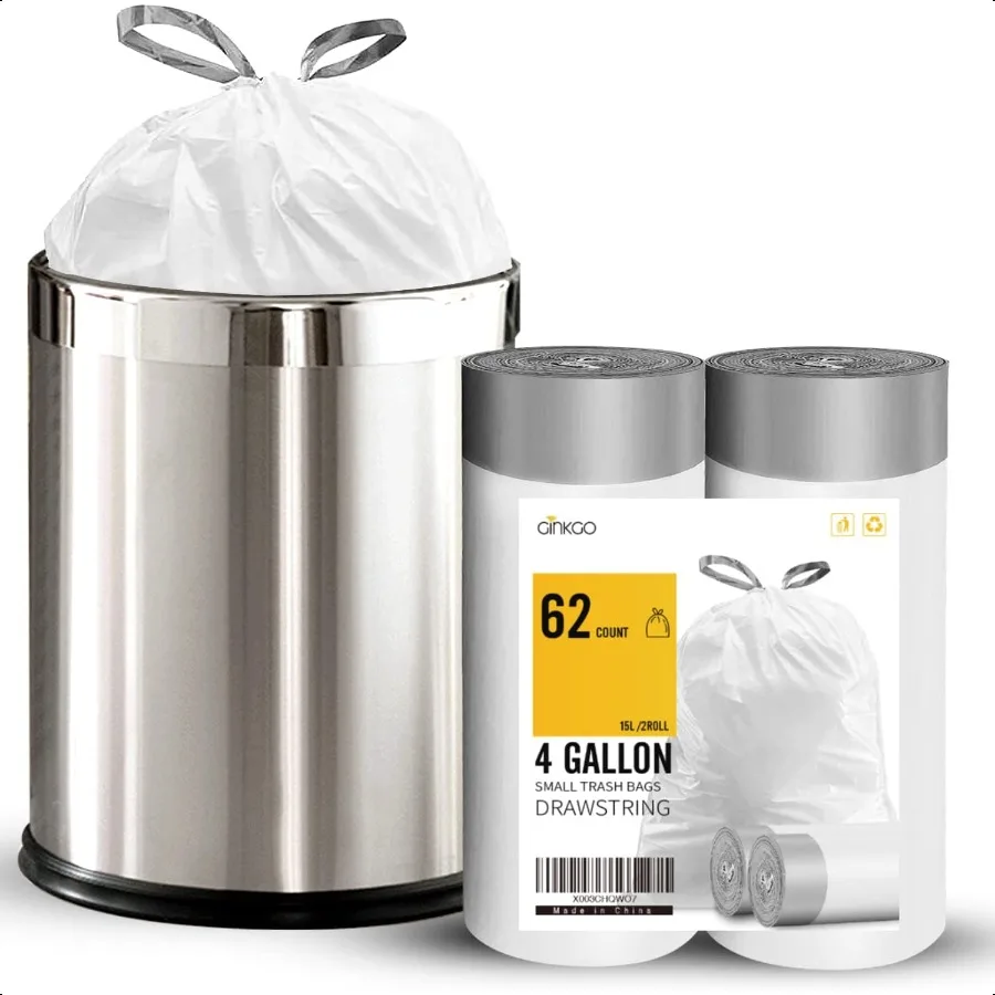 

4 Gallon Trash Bags Drawstring White Small Garbage Bags for Bathroom Unscented 15 Liter Plastic Wastebasket Liners 62 Count