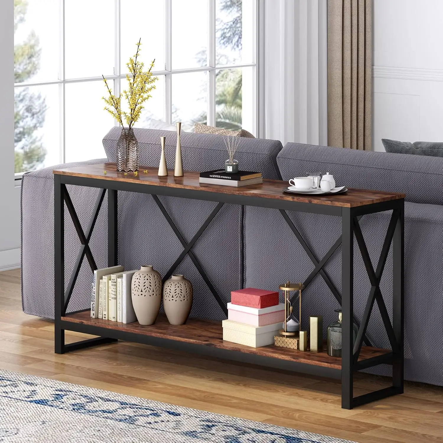 70.9 Inch Extra Long Console Table, Industrial Narrow Sofa Entry Behind Couch with Open Storage Shelf. Rustic Entryway/Hallway