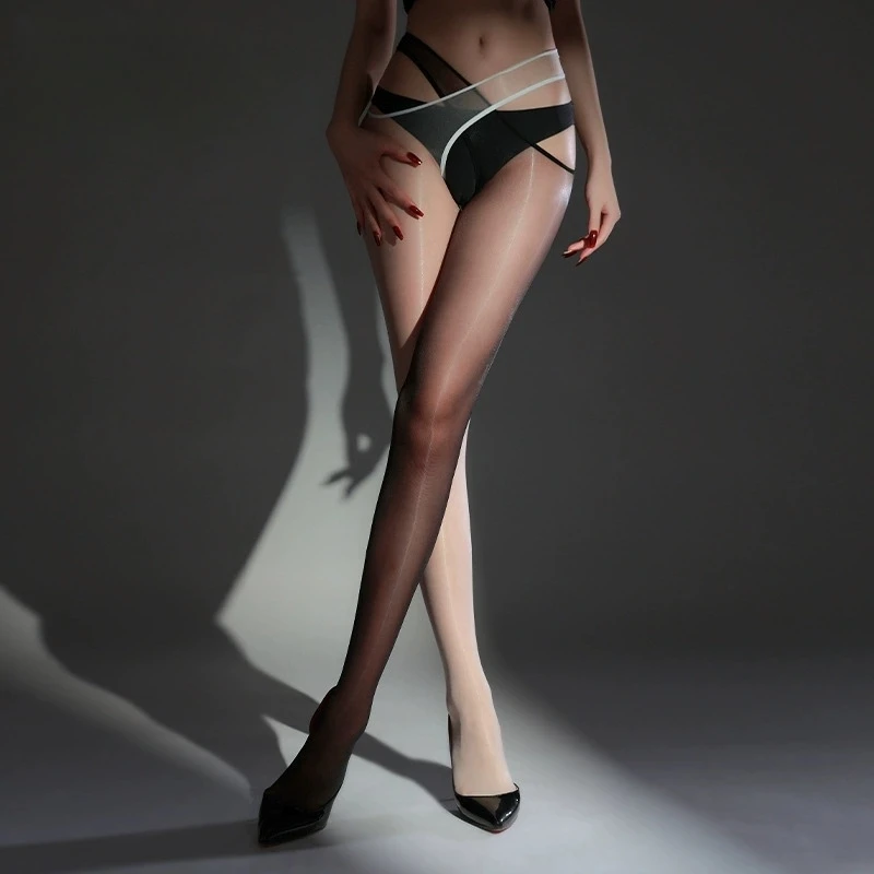1D Ultra Thin Transparent Cross Thigh High Stockings Women Sexy Oil Shiny Crotchless Pantyhose Hot Pole Dance Clubwear