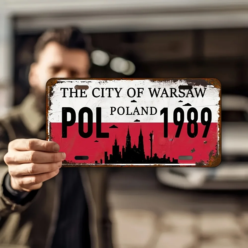 Винтажная алюминиевая настенная вывеска Варшава Польща 1989 года — металлическая табличка в деревенском стиле с городским пейзажем, идеально подходит для дома, бара, кафе, гаража D