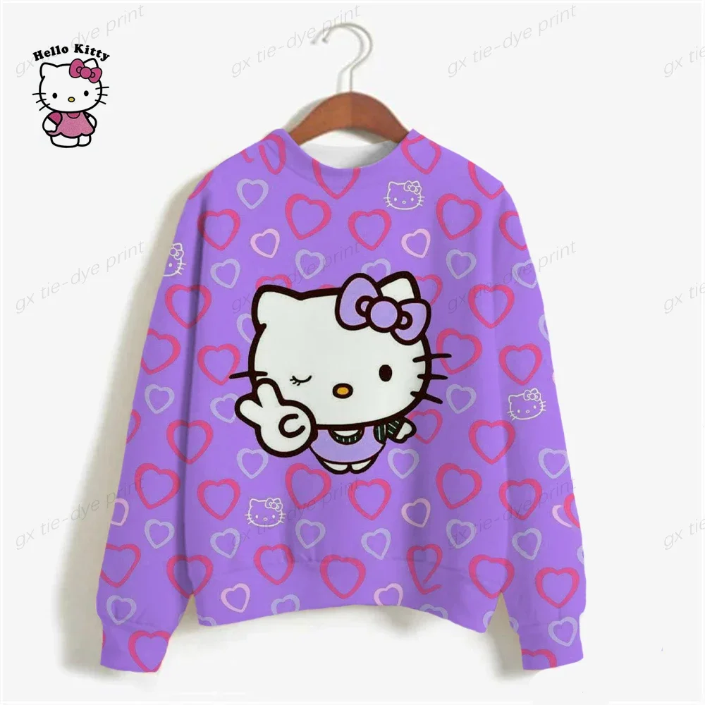 Woman Sweatshirts 2024 Sweet Korean O-neck Pullovers Thick Autumn Winter Candy Color Loose Hoodies HELLO KITTY Womens Clothing