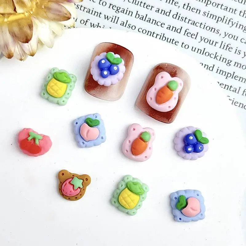 3D Resin Simulation Fruit Biscuit Nail Charms Cute Cartoon Cherry Blueberry Pineapple Cookies Nail Art Decorations Supplies