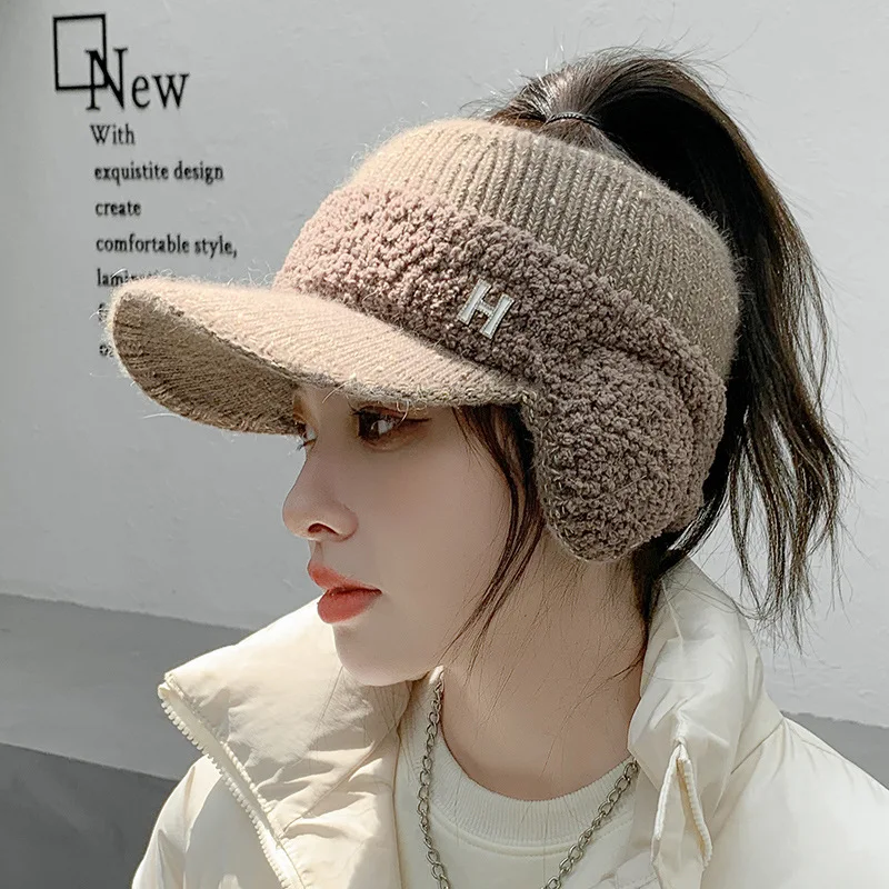 Autumn Winter Warm Baseball Caps Women Cycling Knitted Ear Protection Cap Empty Top Earmuffs Woolen Hat