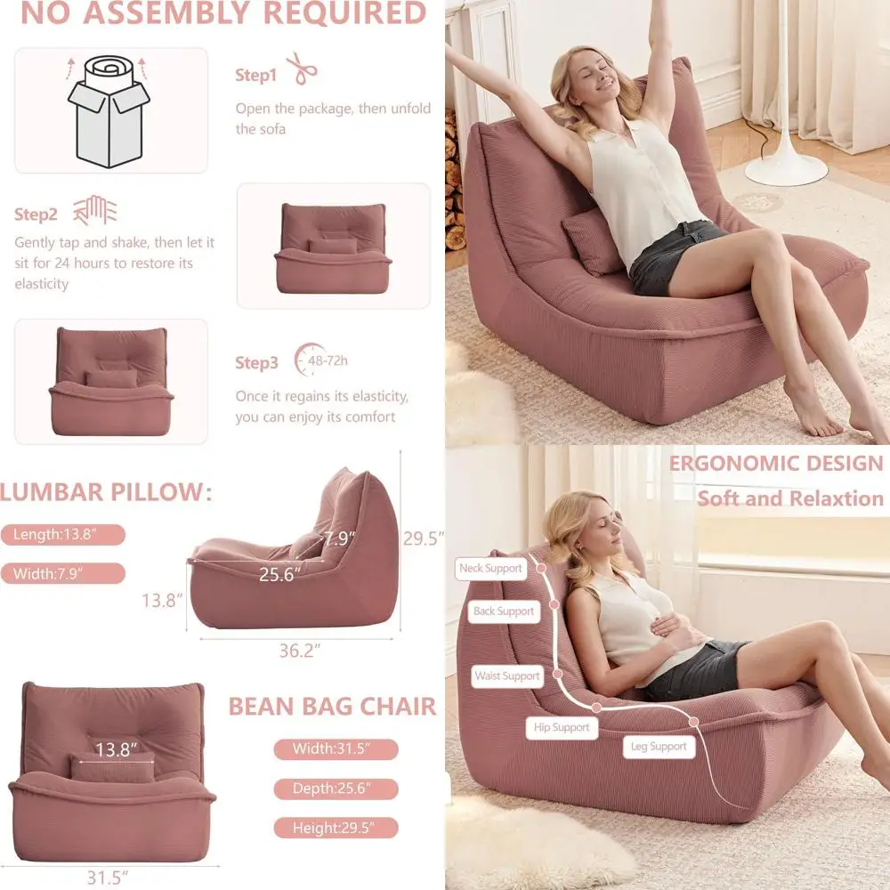 Adults' Single Lounge Chair with Lumbar Support, Comfortable Floor Sofa, Ideal for Living Room, Bedroom, or Reading, Pink