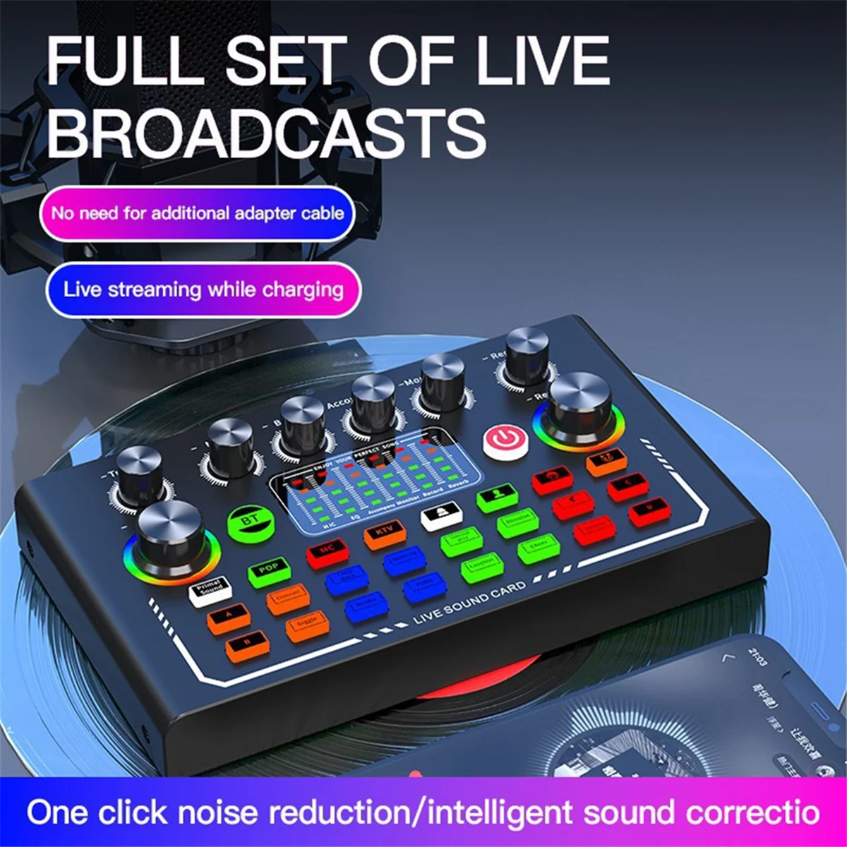 AT42 F009 Audio Mixer Live Sound Card with DJ Mixer Effects and Studio Equipment Voice Changer Podcast Production