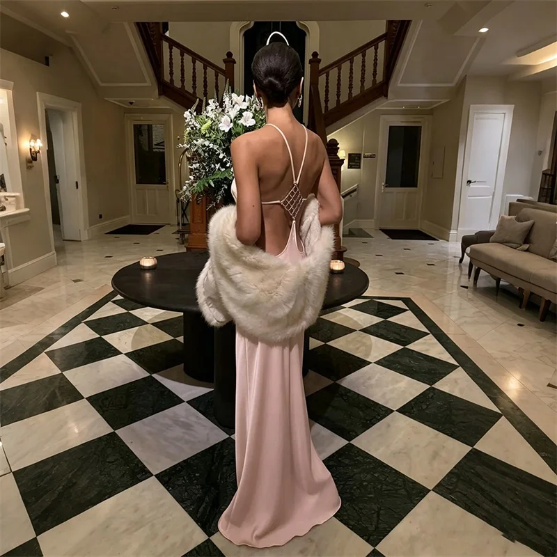 

Pink Satin Prom Dress Sexy Stripe Sleeveless Backless Long Sheath Party Gown Formal Wedding Guest Birthday Evening Robe